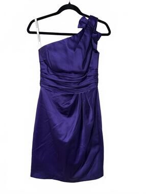 David's Bridal satin One-Shoulder Royal Purple Cocktail Dress with bow